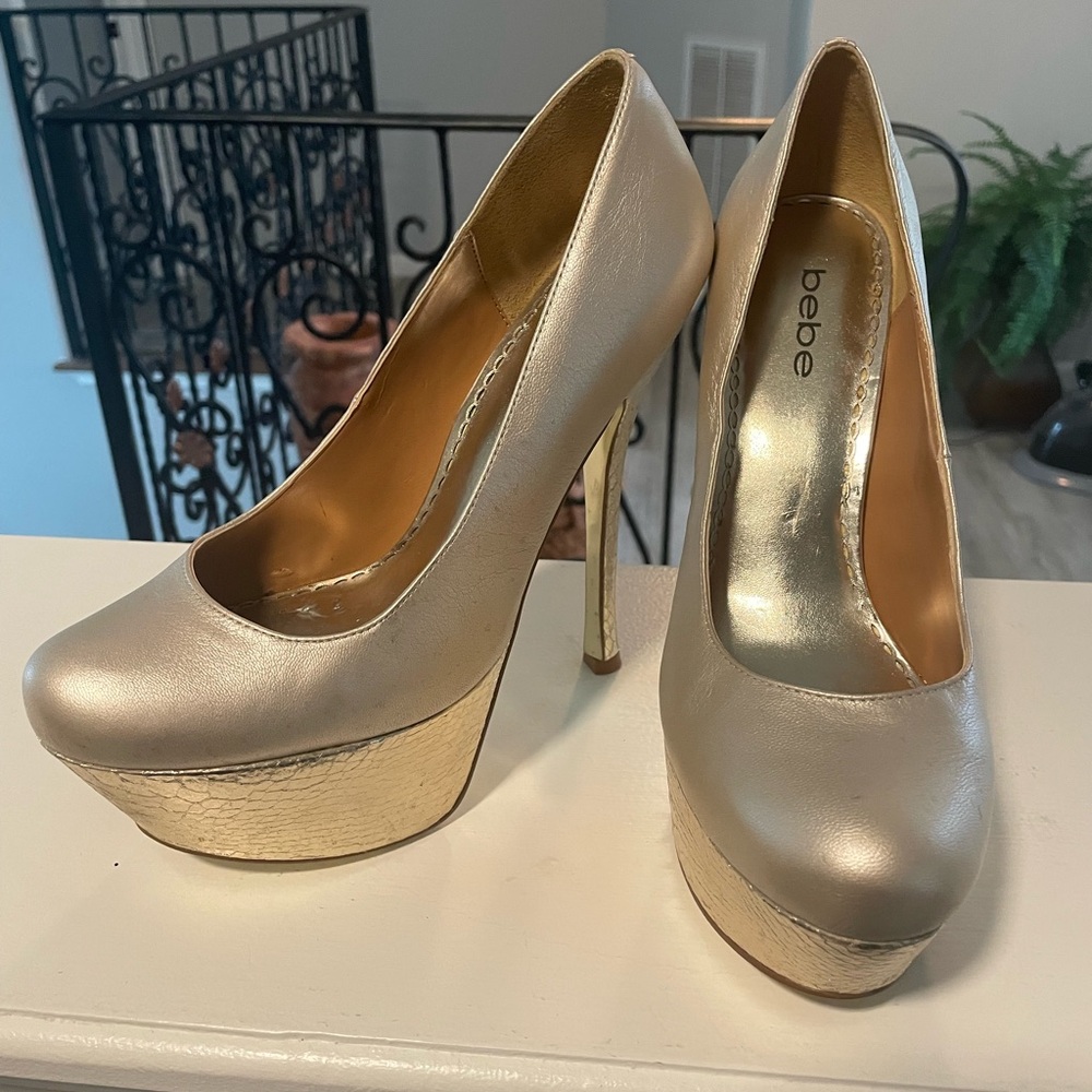 bebe Metallic Gold Platform Pumps - Nadine